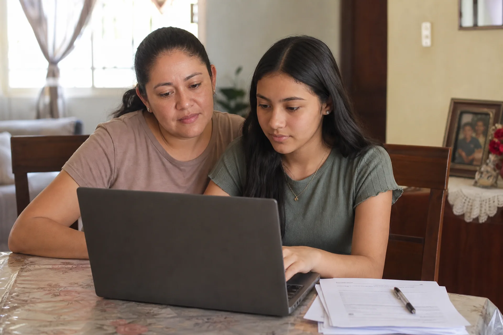 Aspirante llenando el preregistro en línea acompañada de su madre