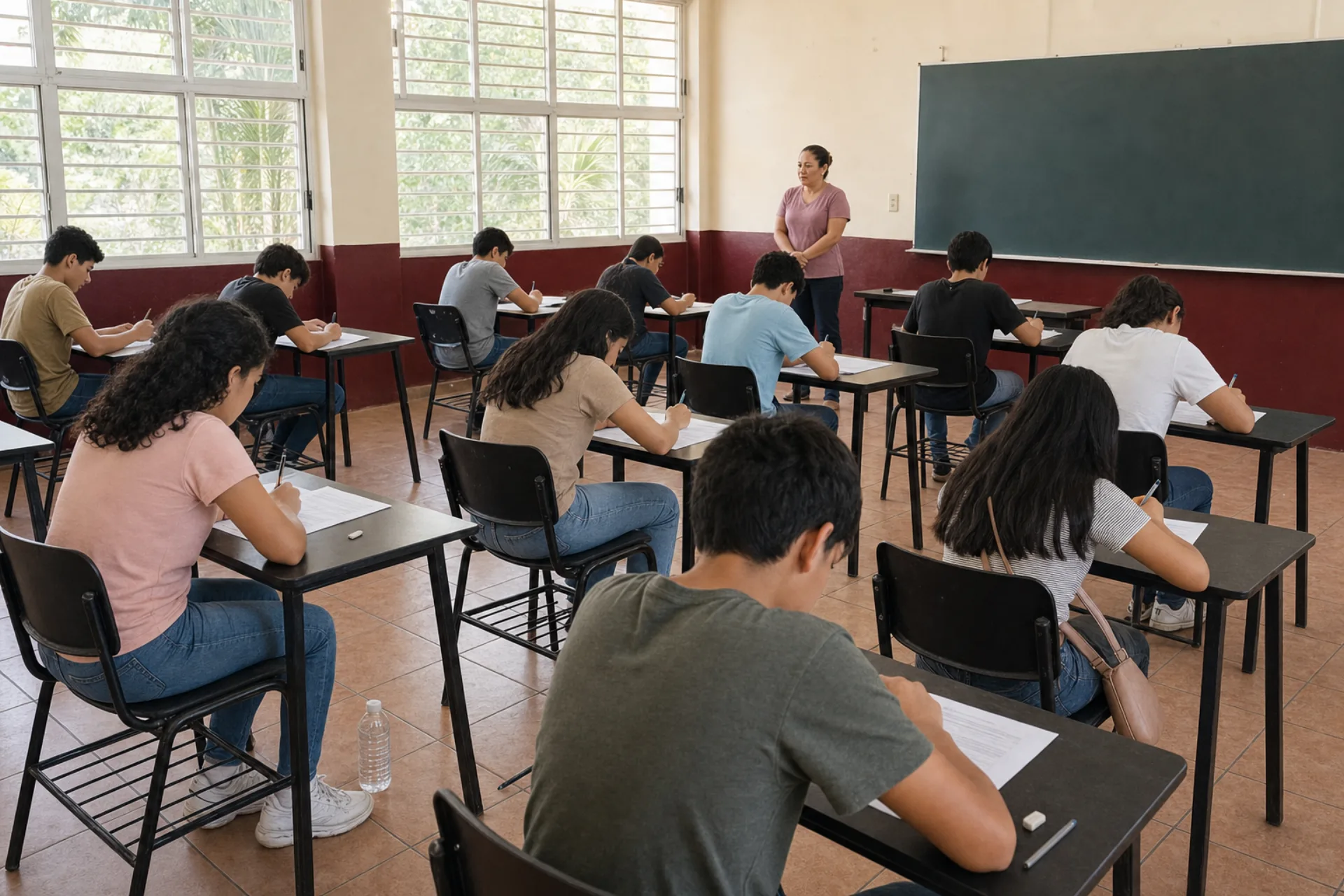 Aspirantes presentando el examen de admisión en un aula