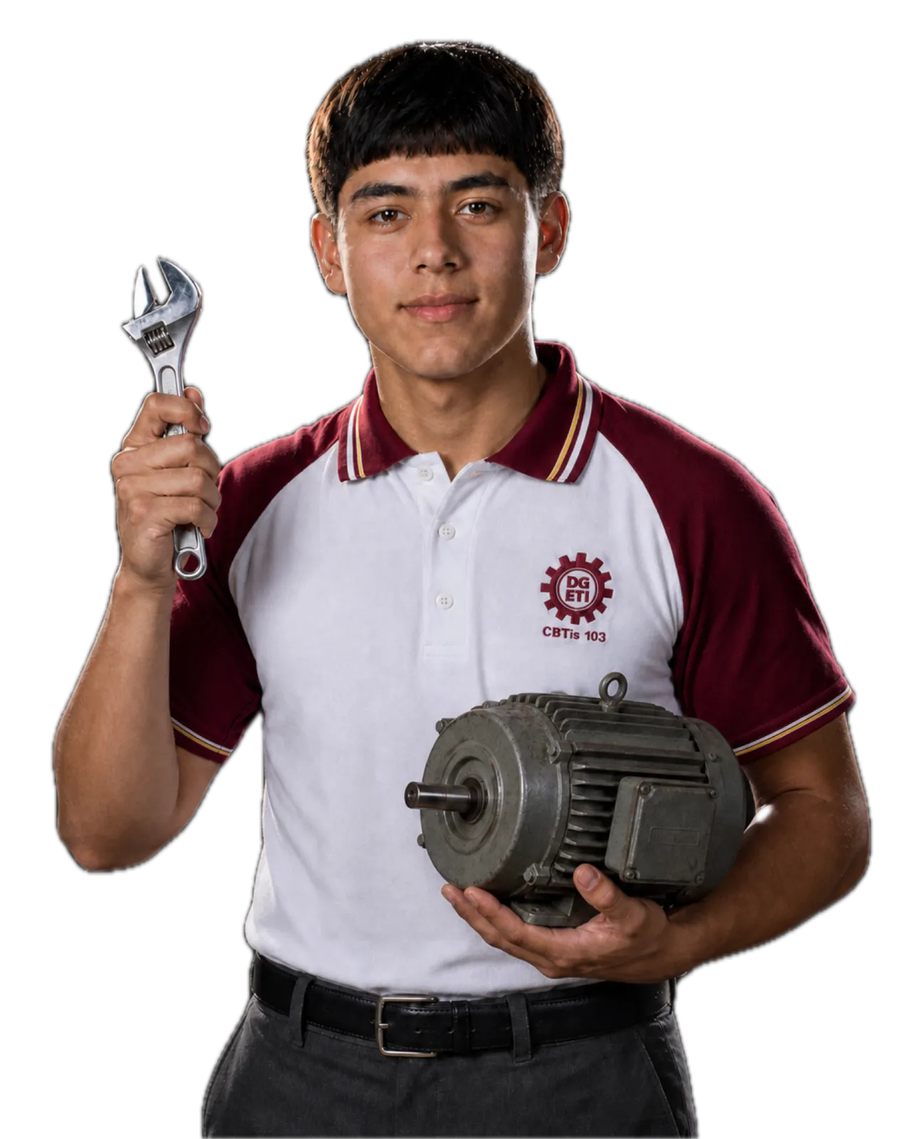 Alumno del CBTIS 103 con un motor eléctrico industrial y una llave ajustable